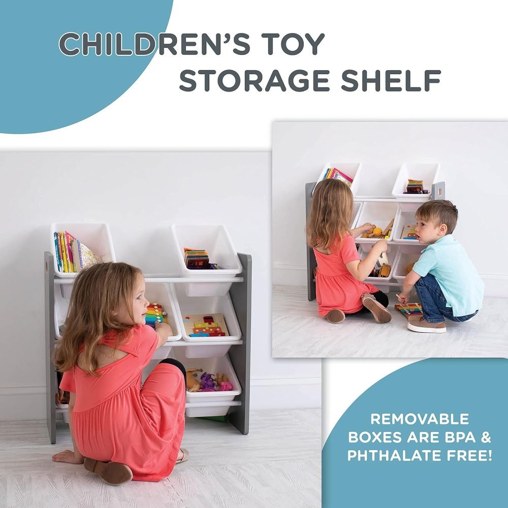 Humble Crew Children's Shelf, Toy Organiser Shelf with 9 Storage Boxes, White/Grey - Image 49