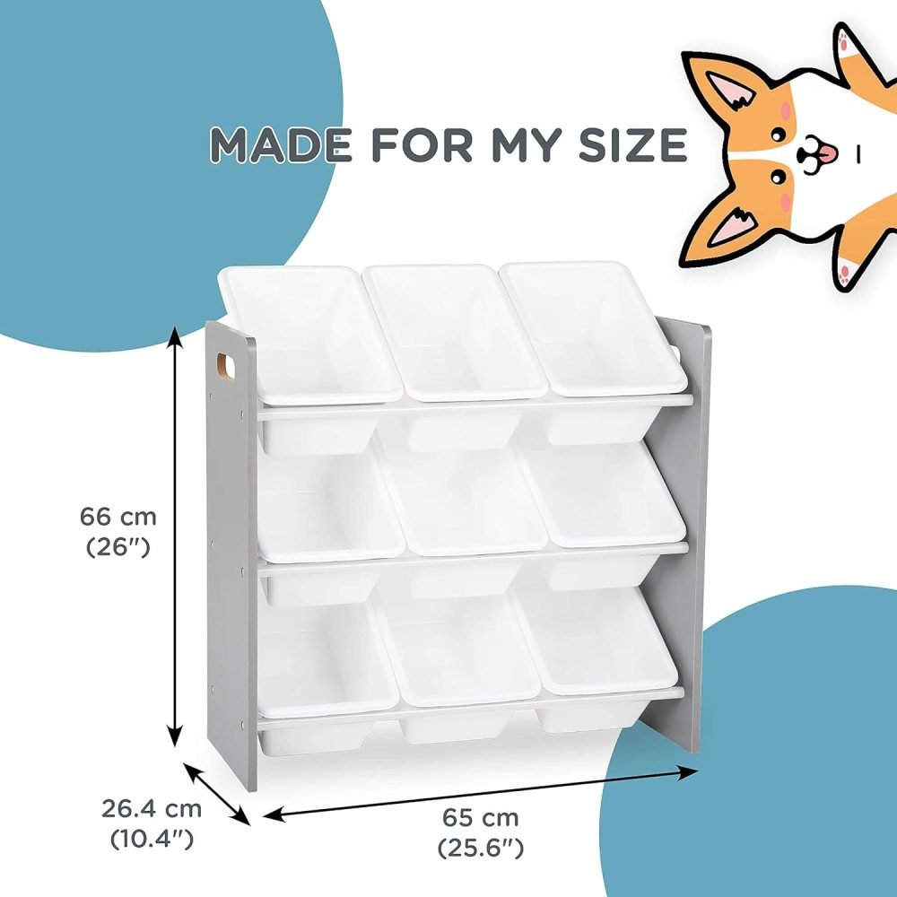Humble Crew Children's Shelf, Toy Organiser Shelf with 9 Storage Boxes, White/Grey - Image 51