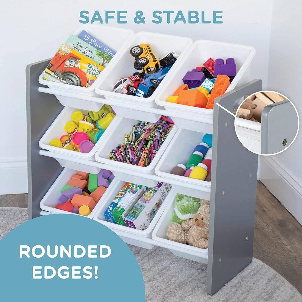 Humble Crew Children's Shelf, Toy Organiser Shelf with 9 Storage Boxes, White/Grey - Image 53