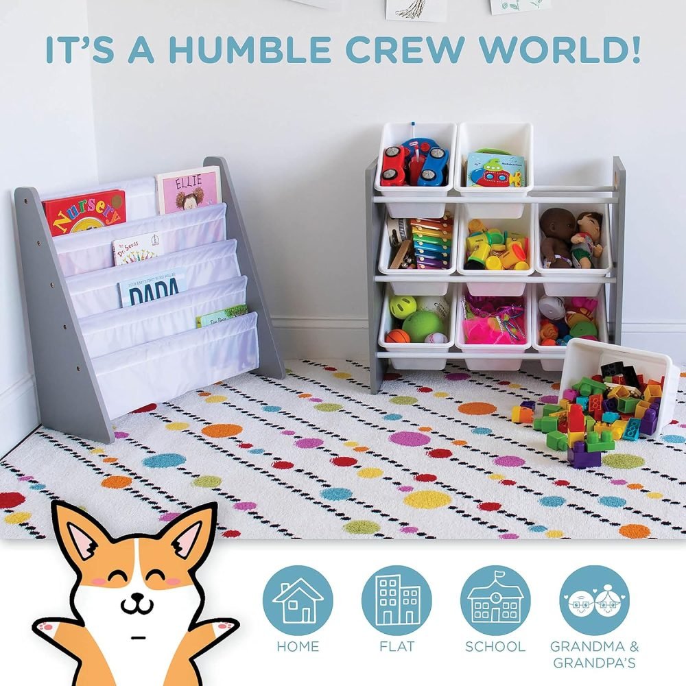 Humble Crew Children's Shelf, Toy Organiser Shelf with 9 Storage Boxes, White/Grey - Image 54