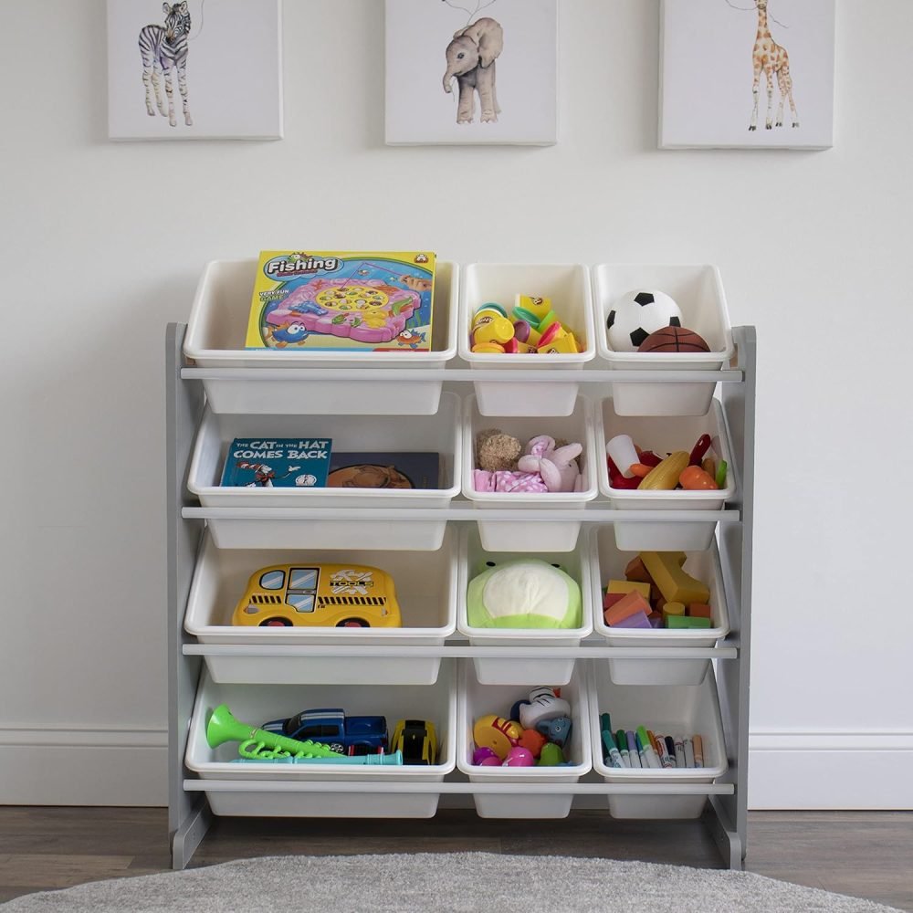 Humble Crew Children's Shelf, Toy Organiser Shelf with 9 Storage Boxes, White/Grey - Image 56