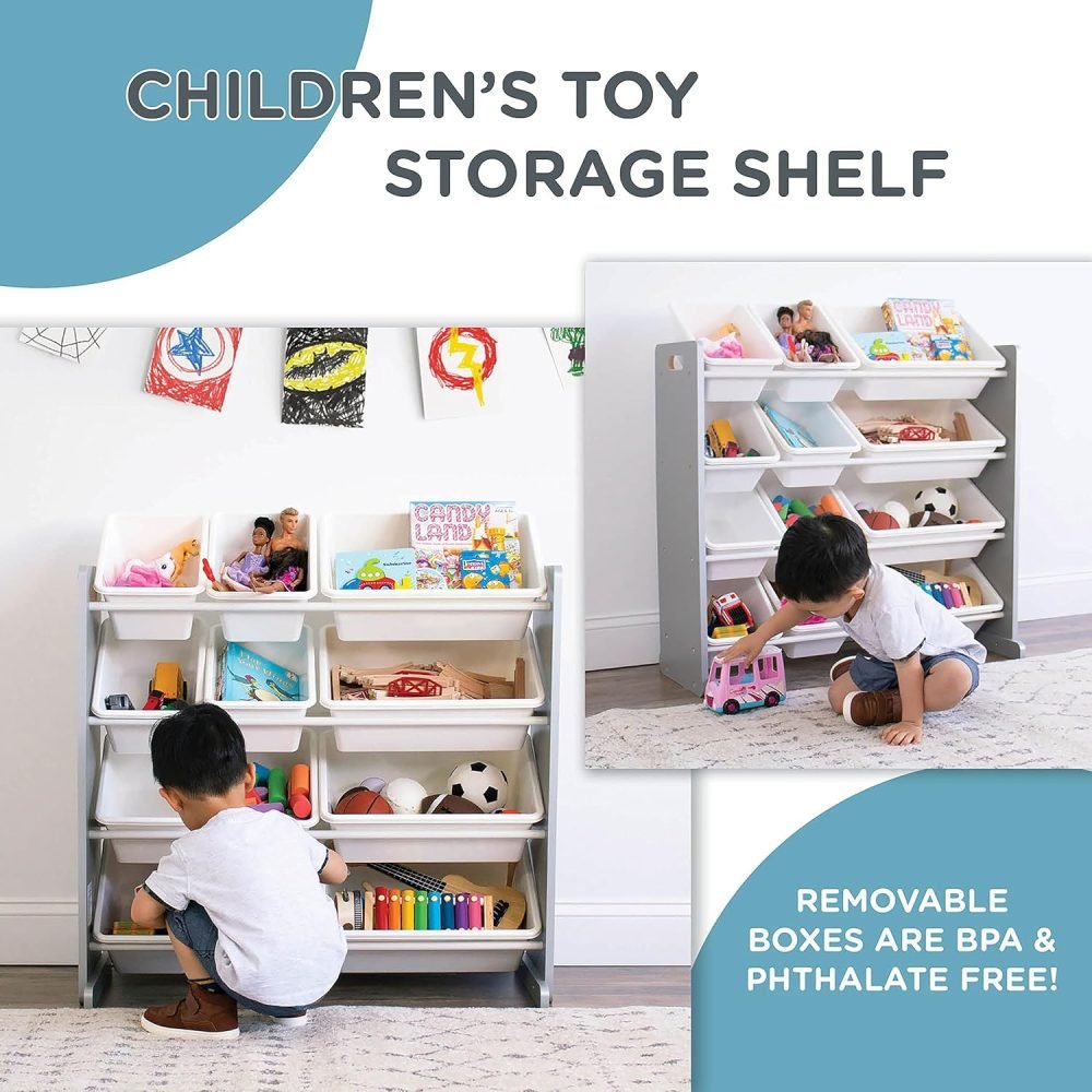 Humble Crew Children's Shelf, Toy Organiser Shelf with 9 Storage Boxes, White/Grey - Image 57