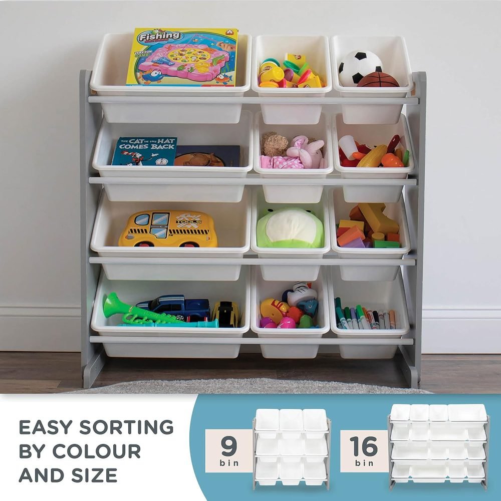 Humble Crew Children's Shelf, Toy Organiser Shelf with 9 Storage Boxes, White/Grey - Image 58