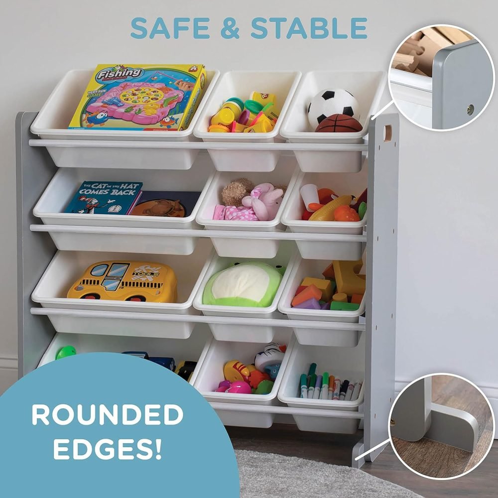 Humble Crew Children's Shelf, Toy Organiser Shelf with 9 Storage Boxes, White/Grey - Image 61
