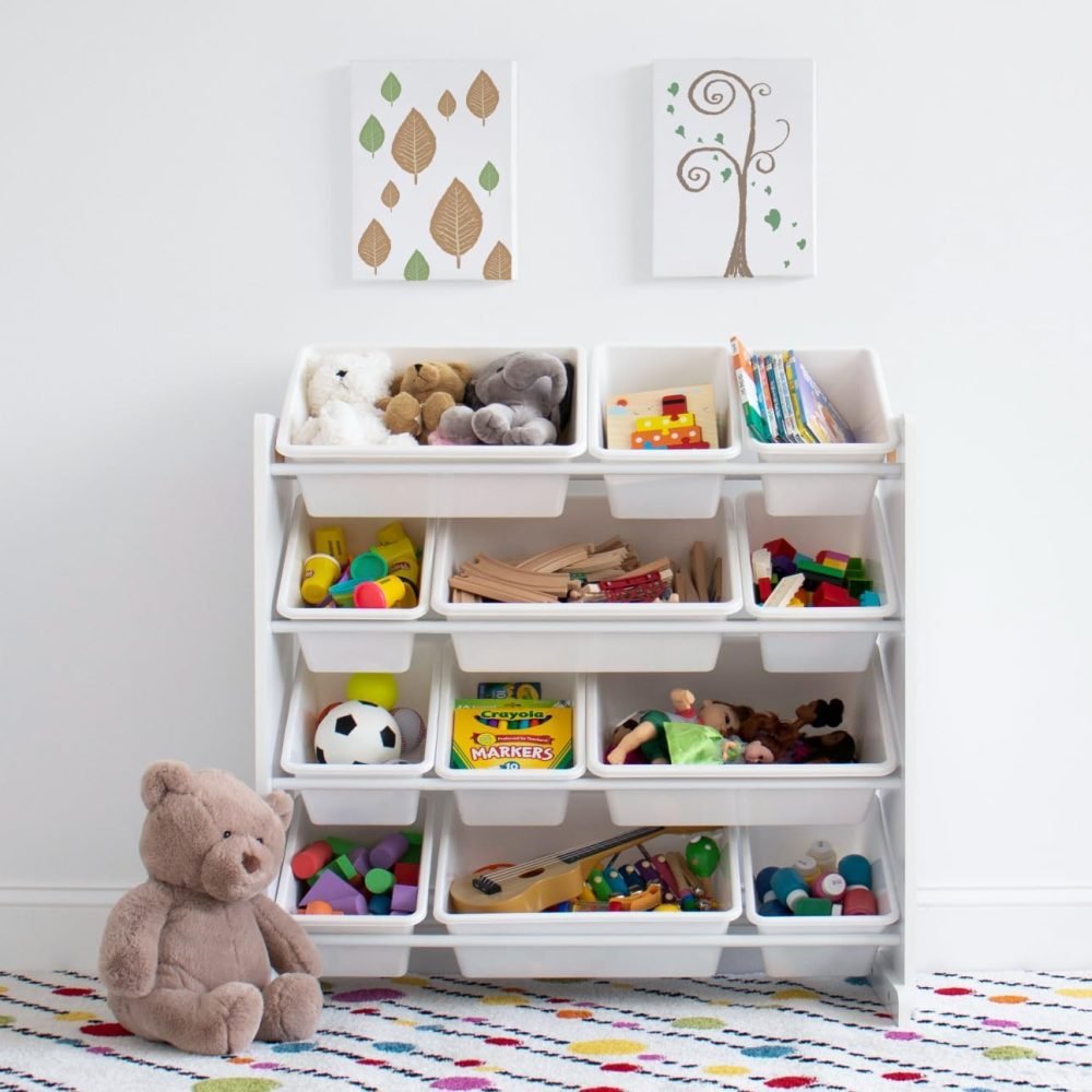 Humble Crew Children's Shelf, Toy Organiser Shelf with 9 Storage Boxes, White/Grey - Image 83
