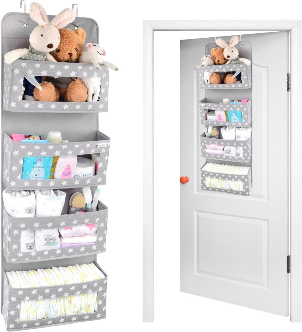 Vesta Baby Over Door Hanging Organiser with Hooks - Unisex Space Saving 4 Pocket Storage for Bathroom, Children's Room, Nursery - Clear Window Caddy Hanger - 2 Small Items Utility Pockets