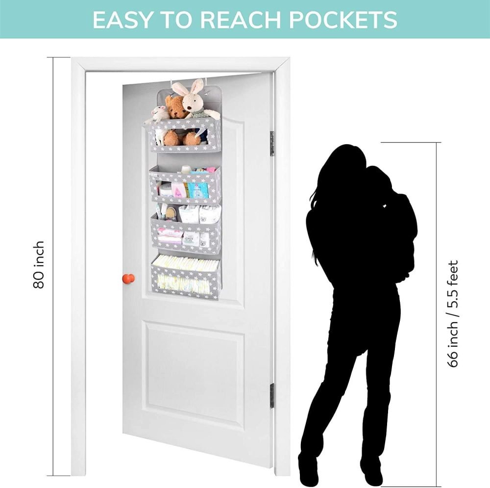 Vesta Baby Over Door Hanging Organiser with Hooks - Unisex Space Saving 4 Pocket Storage for Bathroom, Children's Room, Nursery - Clear Window Caddy Hanger - 2 Small Items Utility Pockets - Image 3