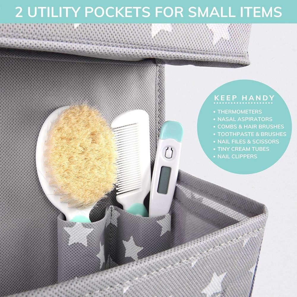 Vesta Baby Over Door Hanging Organiser with Hooks - Unisex Space Saving 4 Pocket Storage for Bathroom, Children's Room, Nursery - Clear Window Caddy Hanger - 2 Small Items Utility Pockets - Image 4