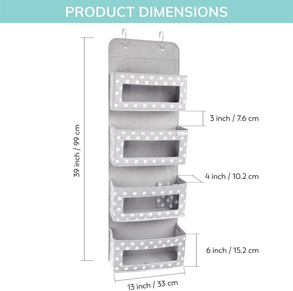 Vesta Baby Over Door Hanging Organiser with Hooks - Unisex Space Saving 4 Pocket Storage for Bathroom, Children's Room, Nursery - Clear Window Caddy Hanger - 2 Small Items Utility Pockets - Image 5