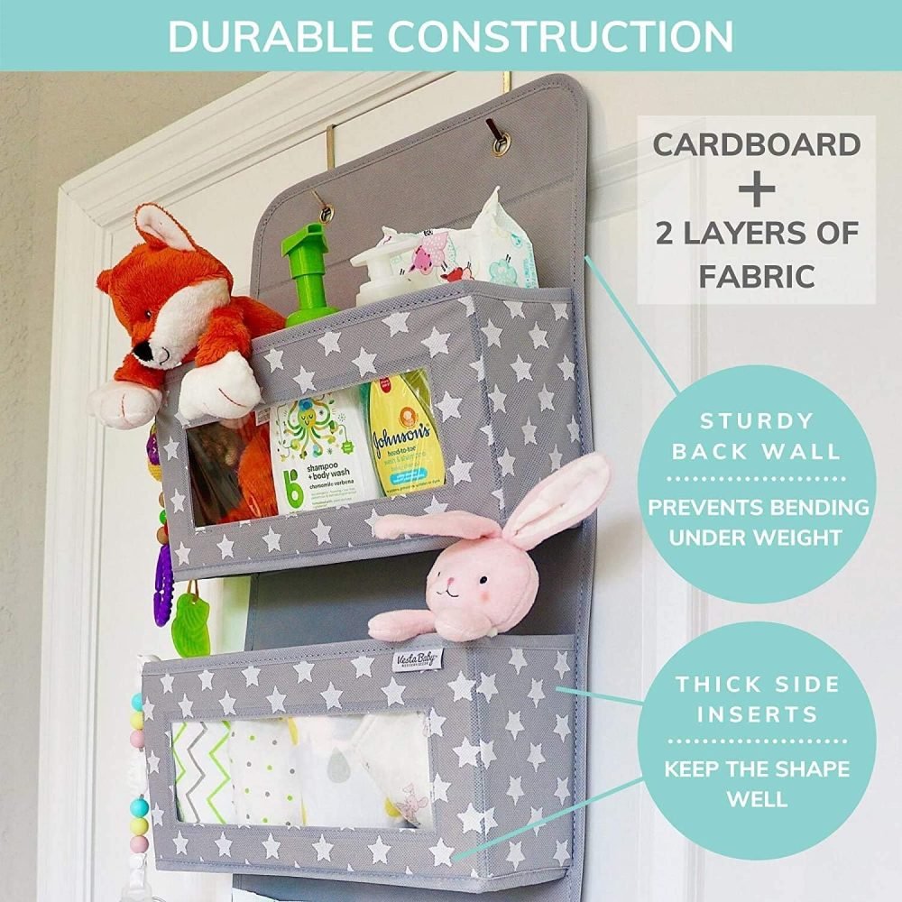 Vesta Baby Over Door Hanging Organiser with Hooks - Unisex Space Saving 4 Pocket Storage for Bathroom, Children's Room, Nursery - Clear Window Caddy Hanger - 2 Small Items Utility Pockets - Image 7