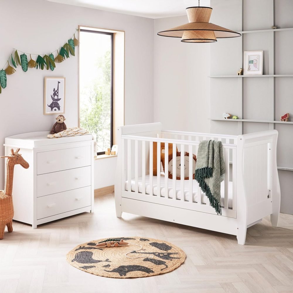 Babymore Stella 2 Piece Nursery Room Set White - 1 Baby Cot Bed & 1 Chest Changer With 3 Double Handle Drawers, Wooden Chest Of Drawer Storage Cabinet | 2 Piece Stella Nursery Room Furniture White