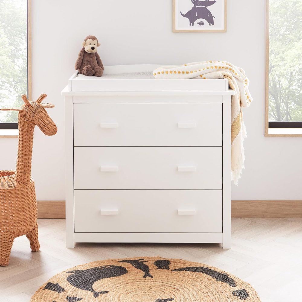 Babymore Stella 2 Piece Nursery Room Set White - 1 Baby Cot Bed & 1 Chest Changer With 3 Double Handle Drawers, Wooden Chest Of Drawer Storage Cabinet | 2 Piece Stella Nursery Room Furniture White - Image 4