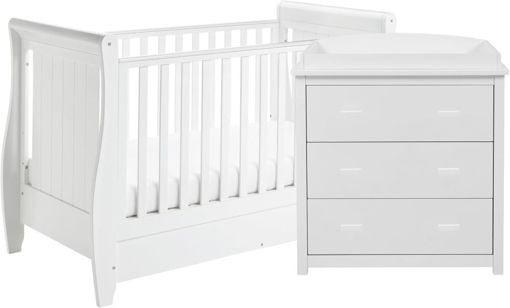 Babymore Stella 2 Piece Nursery Room Set White - 1 Baby Cot Bed & 1 Chest Changer With 3 Double Handle Drawers, Wooden Chest Of Drawer Storage Cabinet | 2 Piece Stella Nursery Room Furniture White - Image 5