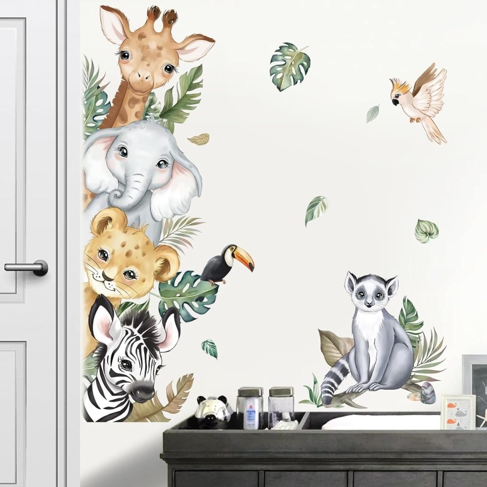 decalmile Jungle Animals Tree Wall Decals Elephant Giraffe Lion Safari Wall Stickers Baby Nursery Kids Bedroom Living Room Wall Decor