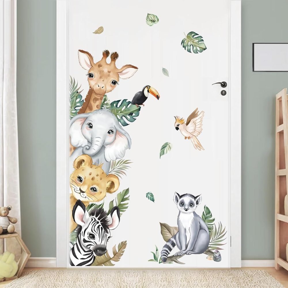 decalmile Jungle Animals Tree Wall Decals Elephant Giraffe Lion Safari Wall Stickers Baby Nursery Kids Bedroom Living Room Wall Decor - Image 2