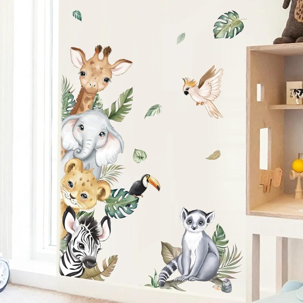 decalmile Jungle Animals Tree Wall Decals Elephant Giraffe Lion Safari Wall Stickers Baby Nursery Kids Bedroom Living Room Wall Decor - Image 3