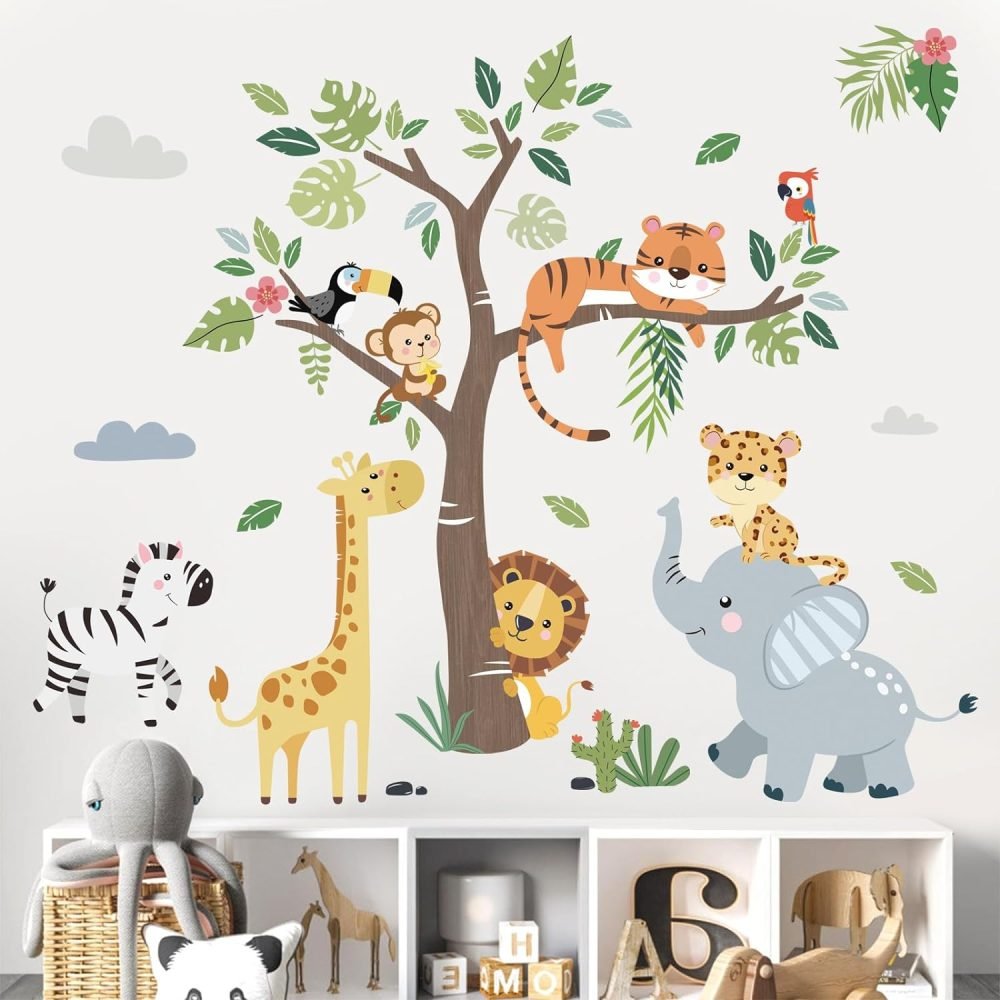 decalmile Jungle Animals Tree Wall Decals Elephant Giraffe Lion Safari Wall Stickers Baby Nursery Kids Bedroom Living Room Wall Decor - Image 7