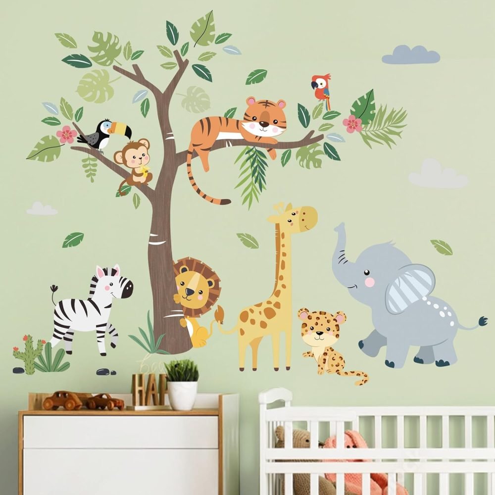 decalmile Jungle Animals Tree Wall Decals Elephant Giraffe Lion Safari Wall Stickers Baby Nursery Kids Bedroom Living Room Wall Decor - Image 8
