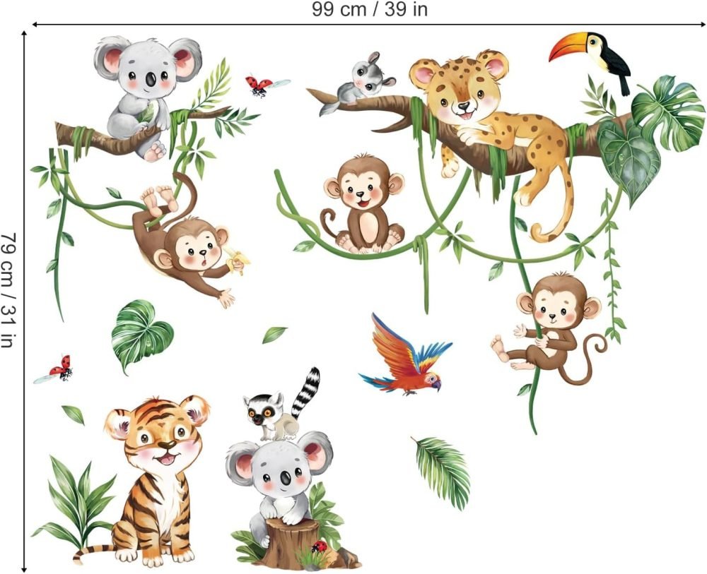 decalmile Jungle Animals Tree Wall Decals Elephant Giraffe Lion Safari Wall Stickers Baby Nursery Kids Bedroom Living Room Wall Decor - Image 19
