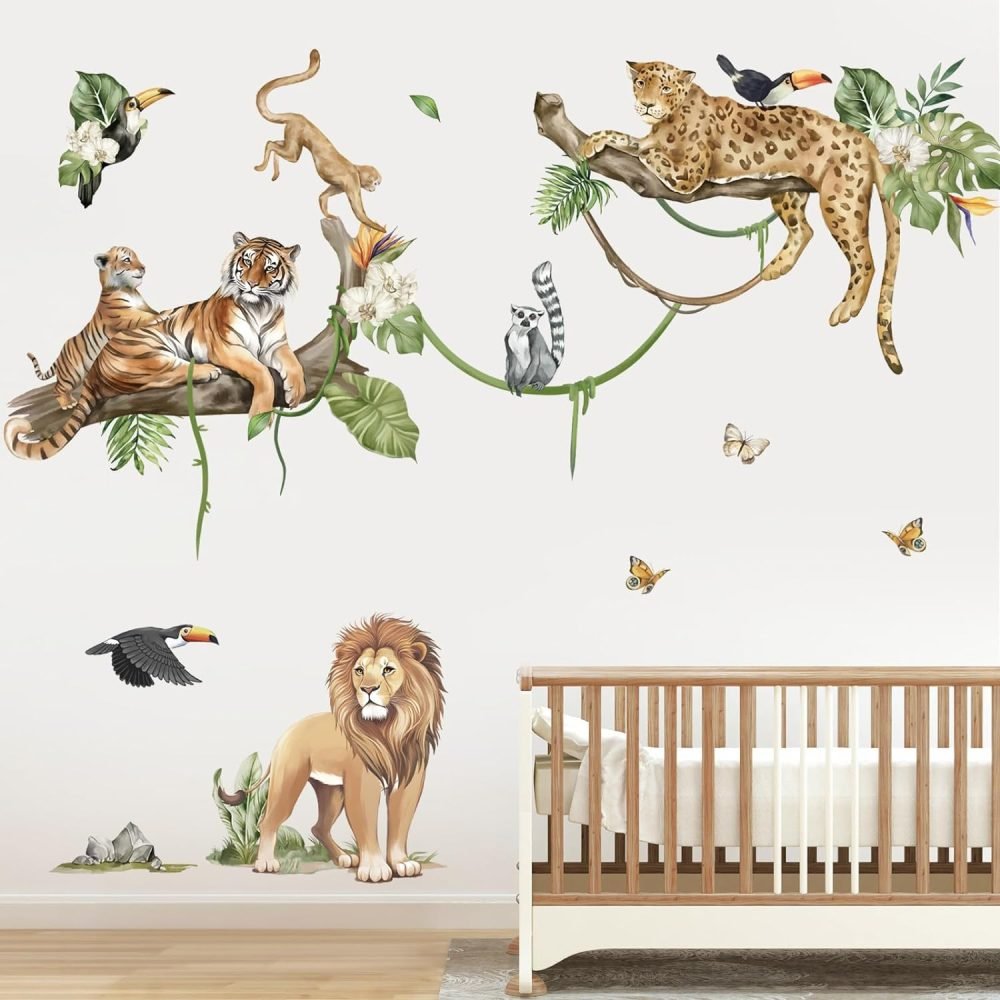 decalmile Jungle Animals Tree Wall Decals Elephant Giraffe Lion Safari Wall Stickers Baby Nursery Kids Bedroom Living Room Wall Decor - Image 24