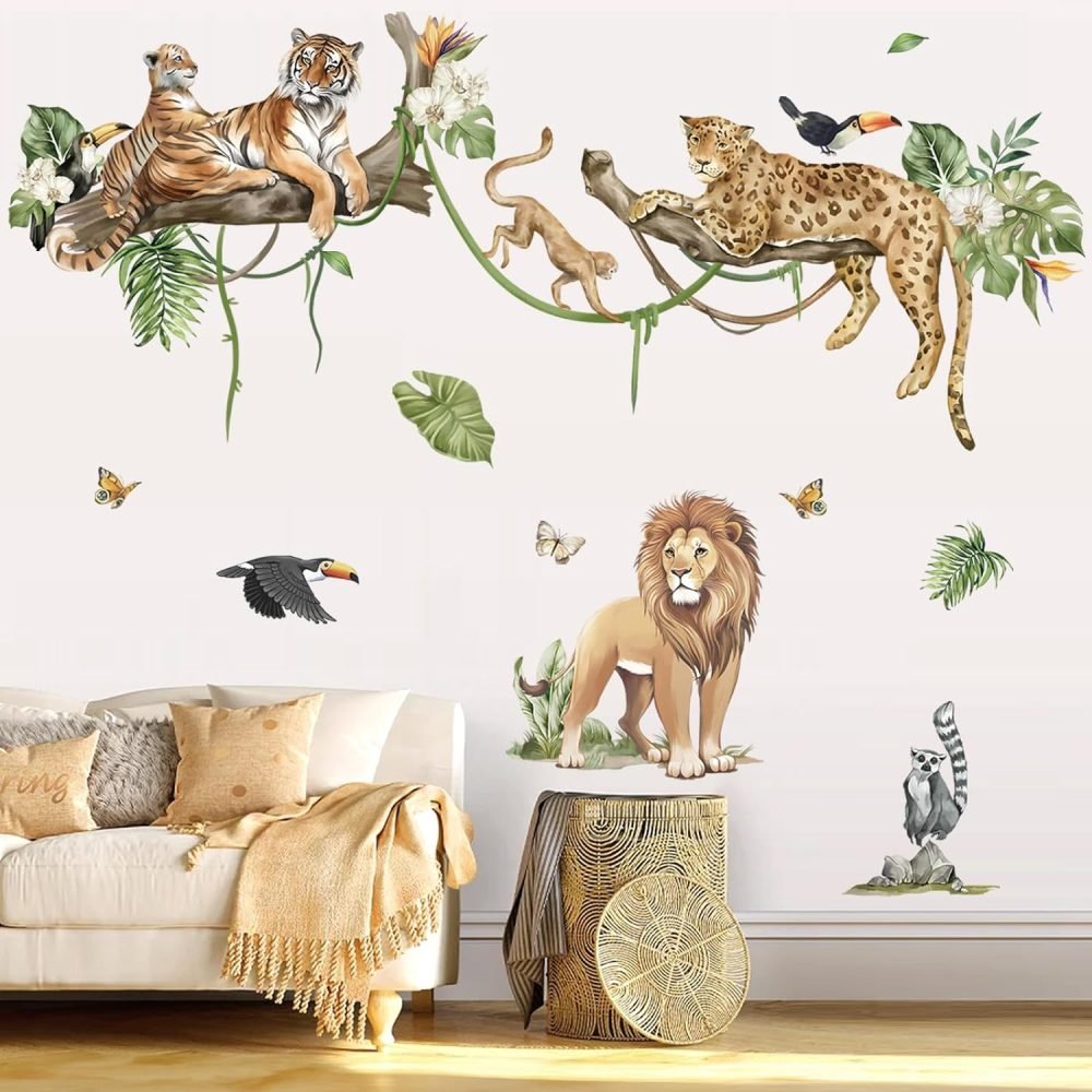 decalmile Jungle Animals Tree Wall Decals Elephant Giraffe Lion Safari Wall Stickers Baby Nursery Kids Bedroom Living Room Wall Decor - Image 25