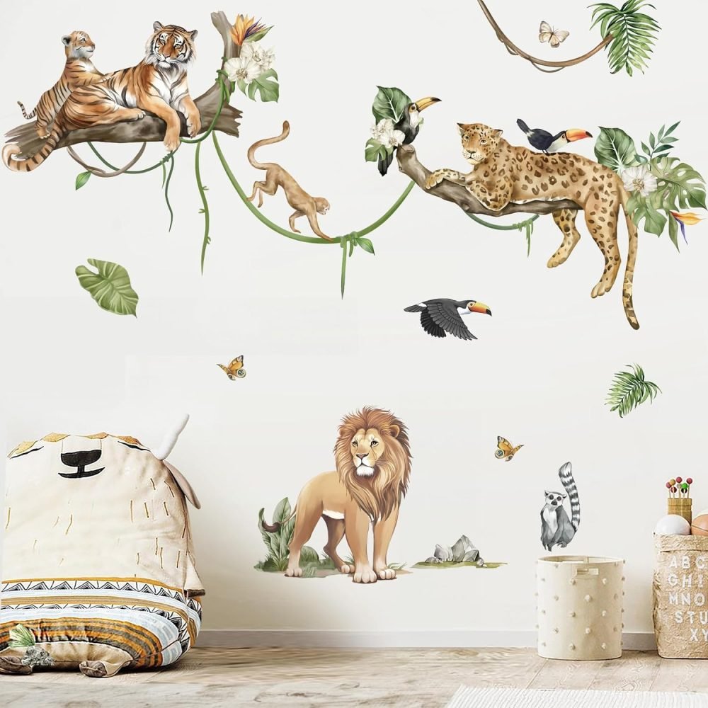 decalmile Jungle Animals Tree Wall Decals Elephant Giraffe Lion Safari Wall Stickers Baby Nursery Kids Bedroom Living Room Wall Decor - Image 26