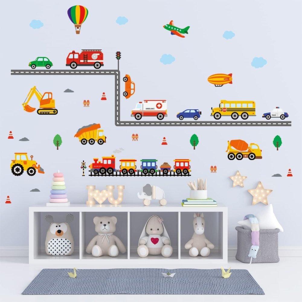 DECOWALL DS-8047 Construction Vehicles Road Wall Stickers Truck Excavator Cars Transportation Decals for Kids Boys Bedroom Nursery Playroom Living Room Art Decor Removable - Image 2