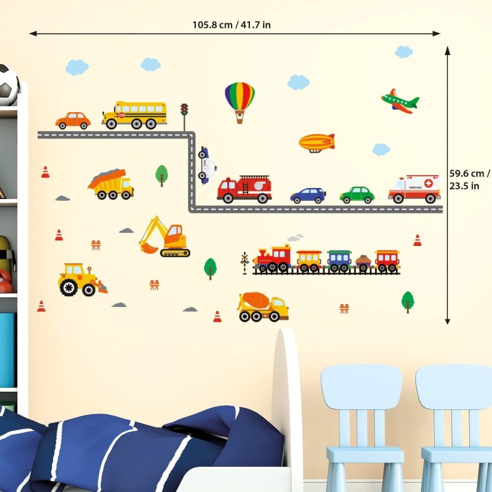 DECOWALL DS-8047 Construction Vehicles Road Wall Stickers Truck Excavator Cars Transportation Decals for Kids Boys Bedroom Nursery Playroom Living Room Art Decor Removable - Image 5