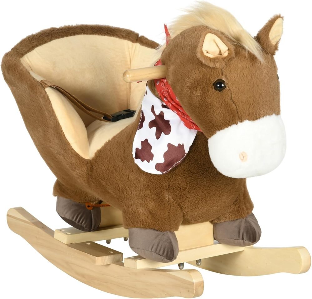HOMCOM Kids Rocking Horse Plush Ride On Horse with Safety Belt, Realistic Sounds, Foot Pedals for Toddlers Aged 18-36 Months - Brown