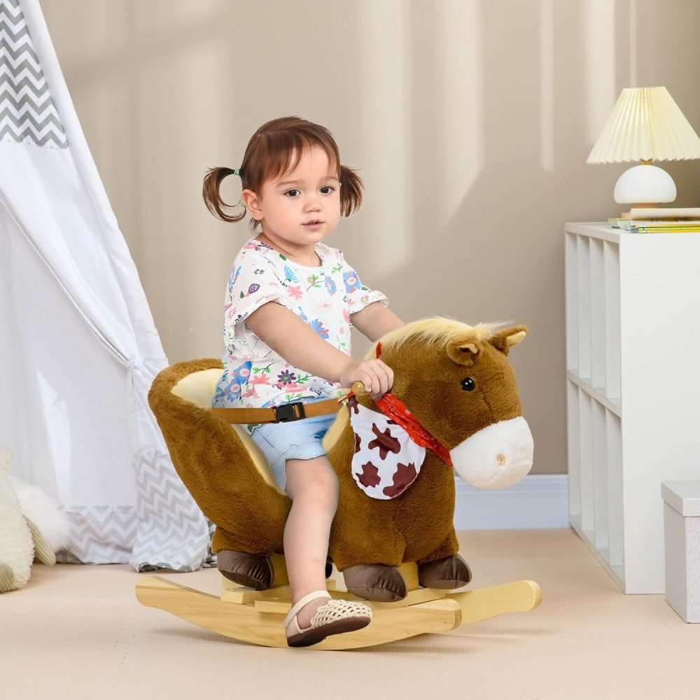 HOMCOM Kids Rocking Horse Plush Ride On Horse with Safety Belt, Realistic Sounds, Foot Pedals for Toddlers Aged 18-36 Months - Brown - Image 3