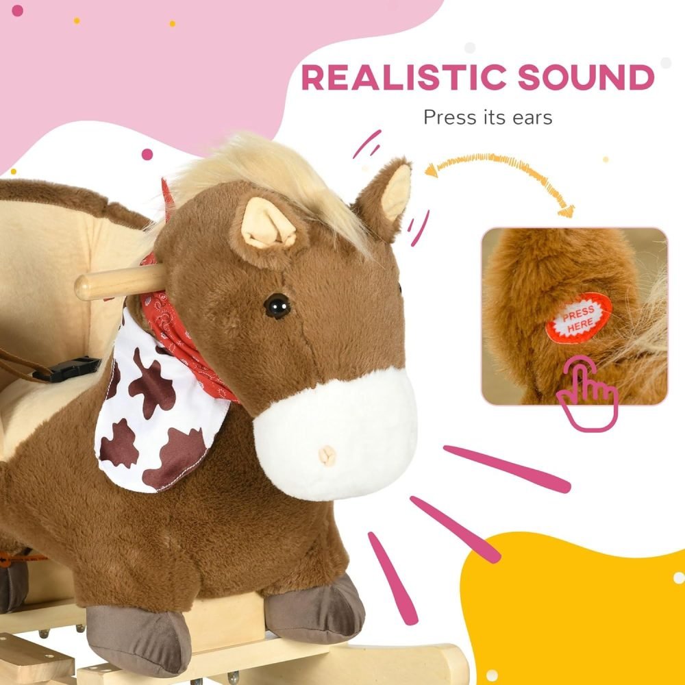 HOMCOM Kids Rocking Horse Plush Ride On Horse with Safety Belt, Realistic Sounds, Foot Pedals for Toddlers Aged 18-36 Months - Brown - Image 4