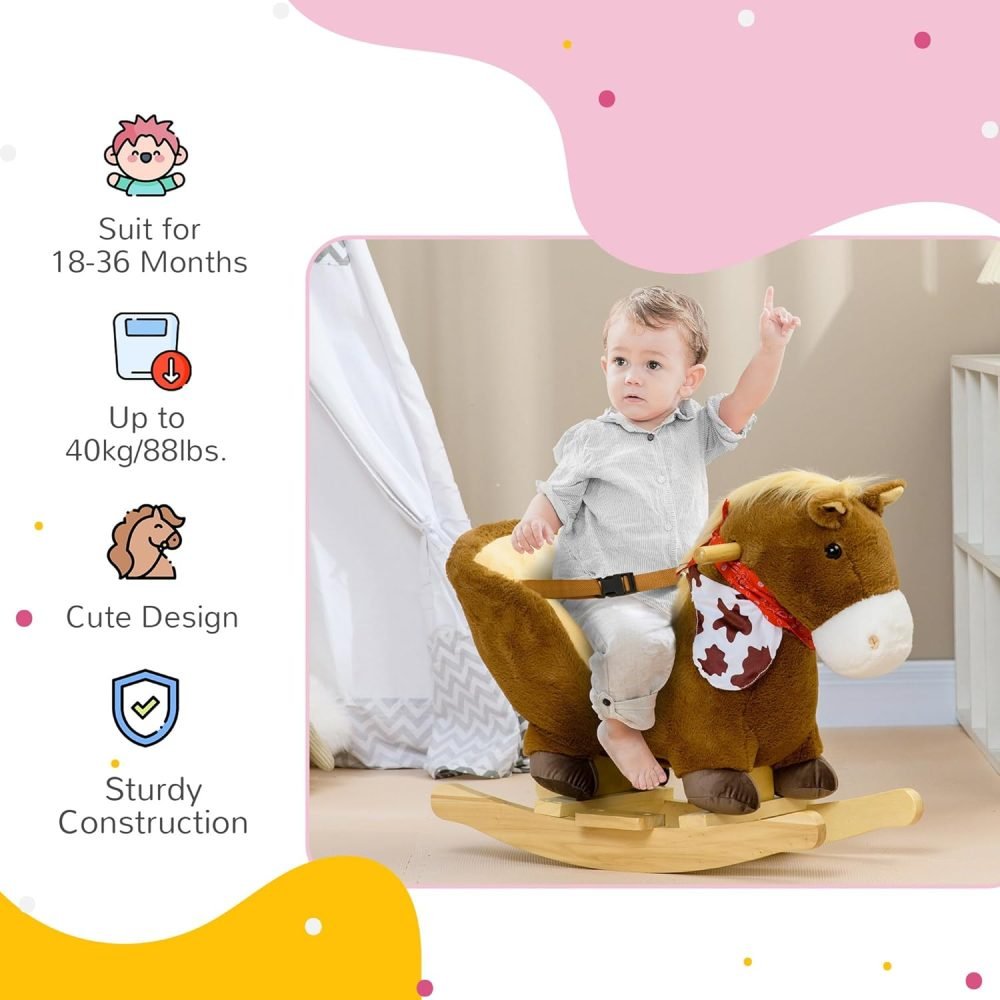 HOMCOM Kids Rocking Horse Plush Ride On Horse with Safety Belt, Realistic Sounds, Foot Pedals for Toddlers Aged 18-36 Months - Brown - Image 5
