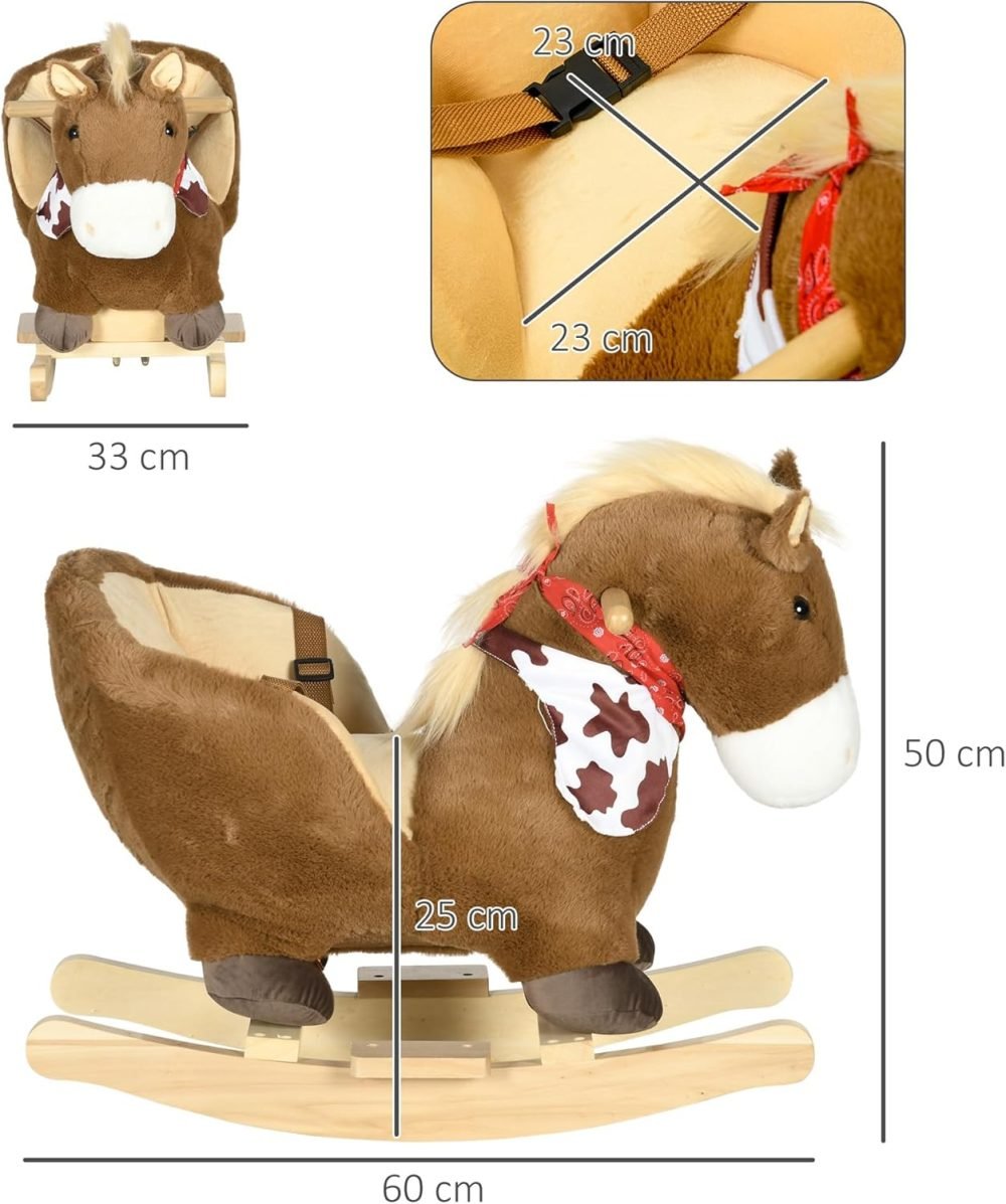 HOMCOM Kids Rocking Horse Plush Ride On Horse with Safety Belt, Realistic Sounds, Foot Pedals for Toddlers Aged 18-36 Months - Brown - Image 6