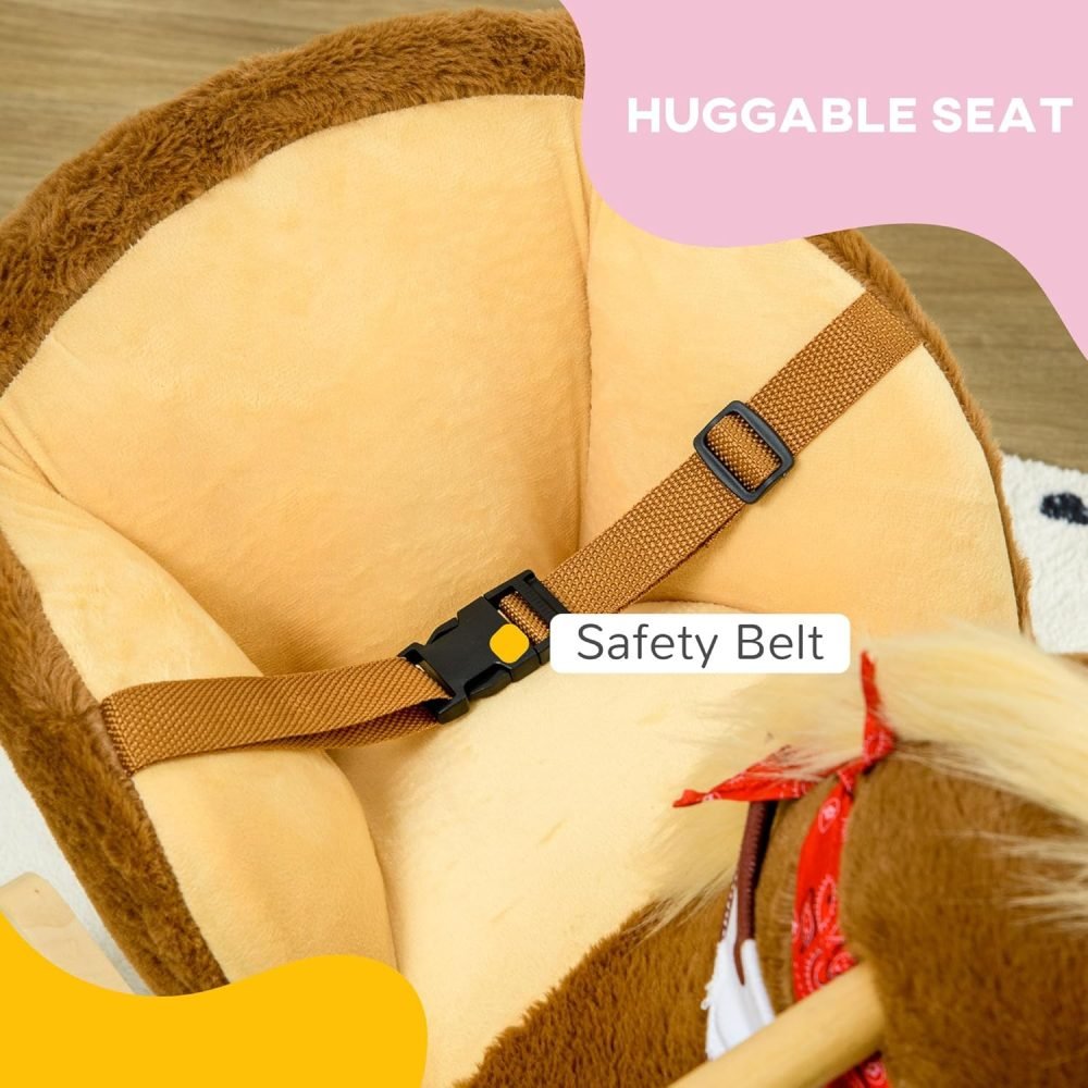 HOMCOM Kids Rocking Horse Plush Ride On Horse with Safety Belt, Realistic Sounds, Foot Pedals for Toddlers Aged 18-36 Months - Brown - Image 7