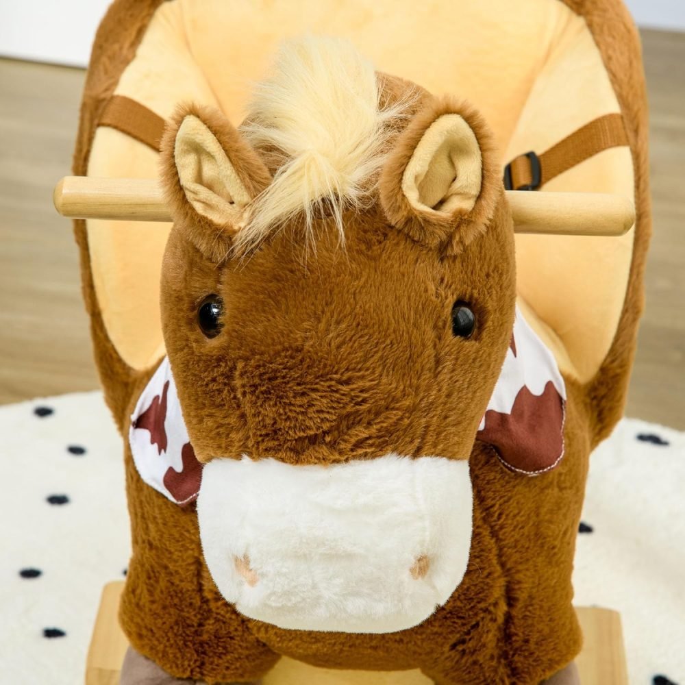HOMCOM Kids Rocking Horse Plush Ride On Horse with Safety Belt, Realistic Sounds, Foot Pedals for Toddlers Aged 18-36 Months - Brown - Image 10